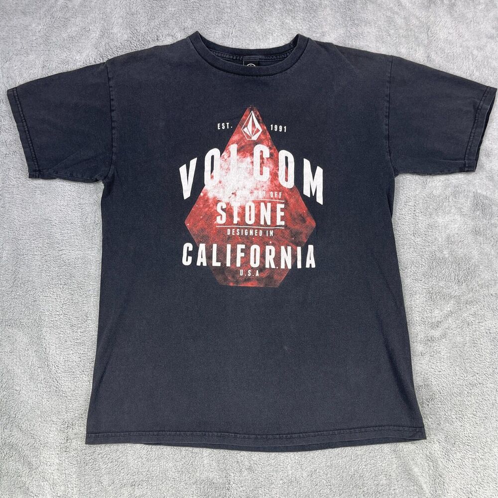 Vintage 90s Y2K Volcom Mens M Black Faded Skate Skater BMX Graphic Tee Shirt